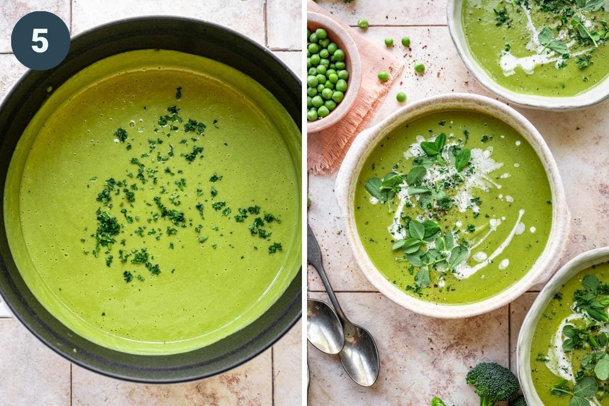 On the left: soup after blending and adding parsley. On the right: finished soup.