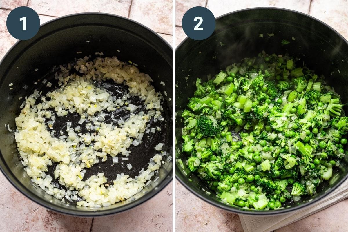On the left: adding onions and garlic to the pot. On the right: adding broccoli and peas.