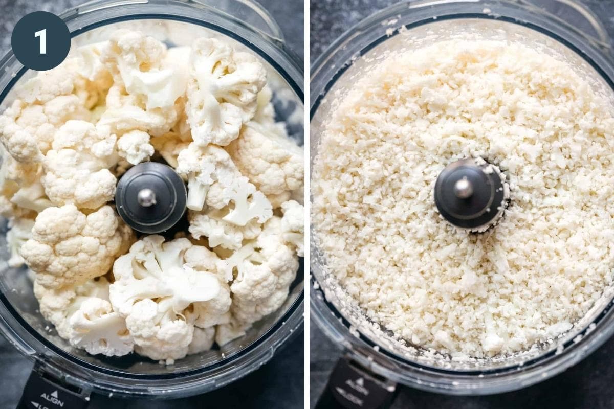 Cauliflower in food processor before and after pulsing into rice. 