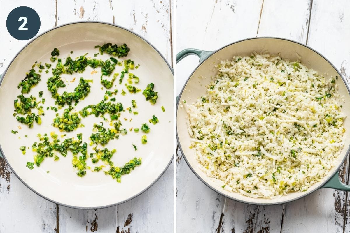 On the left: green onions cooking in a pan. On the right: cauliflower added to the pan and cooking.