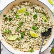 Close up of cilantro lime cauliflower rice in a pan.