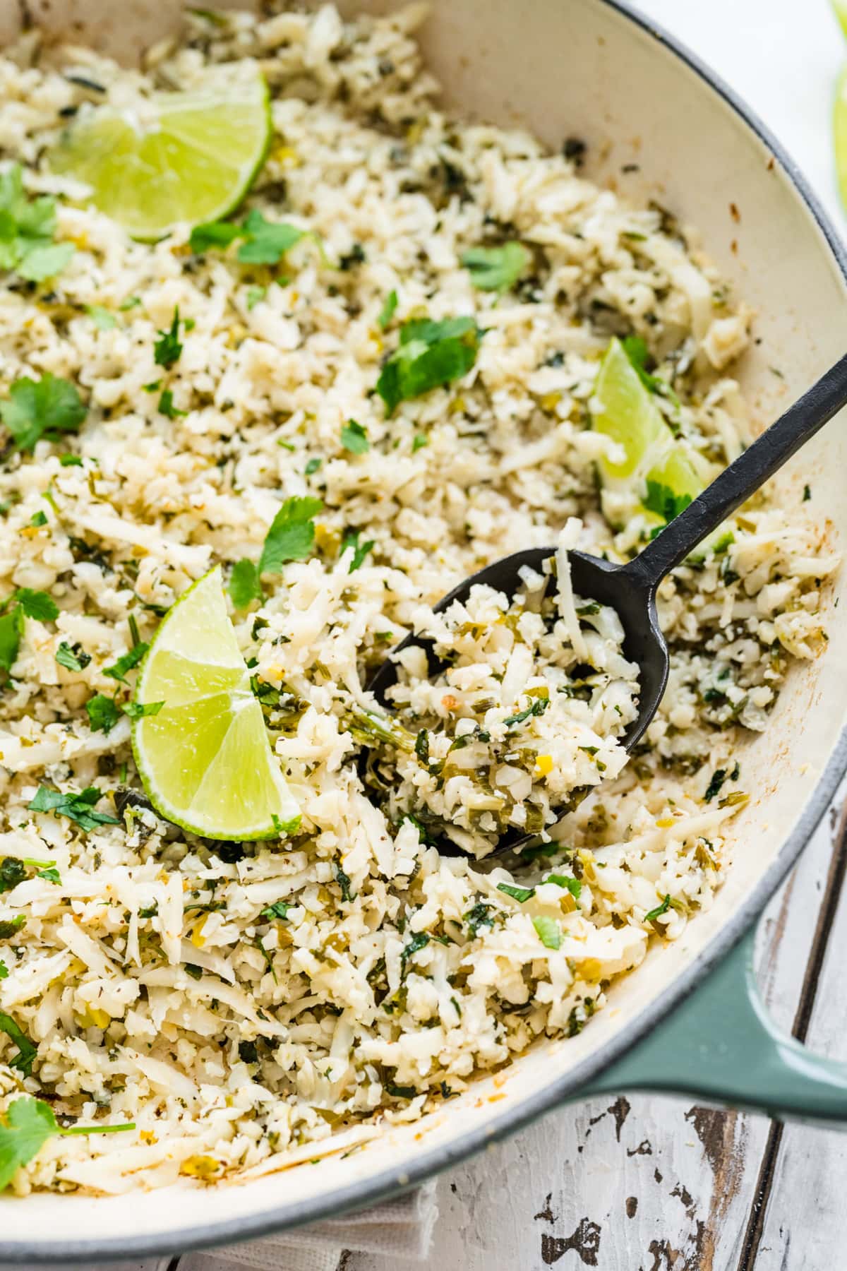 Close up view of cauliflower rice texture.