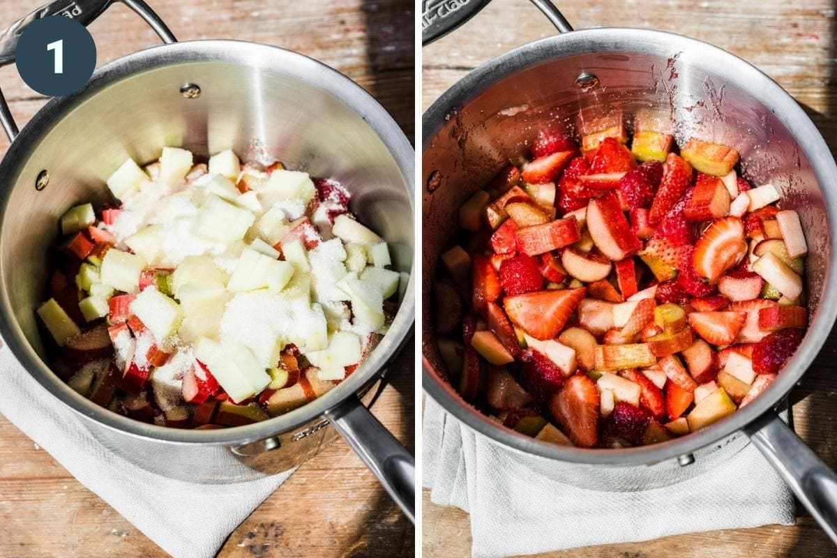 On the left: ingredients in a pot. On the right: ingredients after cooking for a little bit.