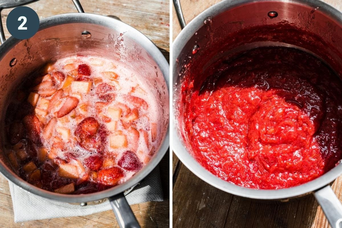 On the left: strawberries and rhubarb breaking down. On the right: jam after cooking for a while.
