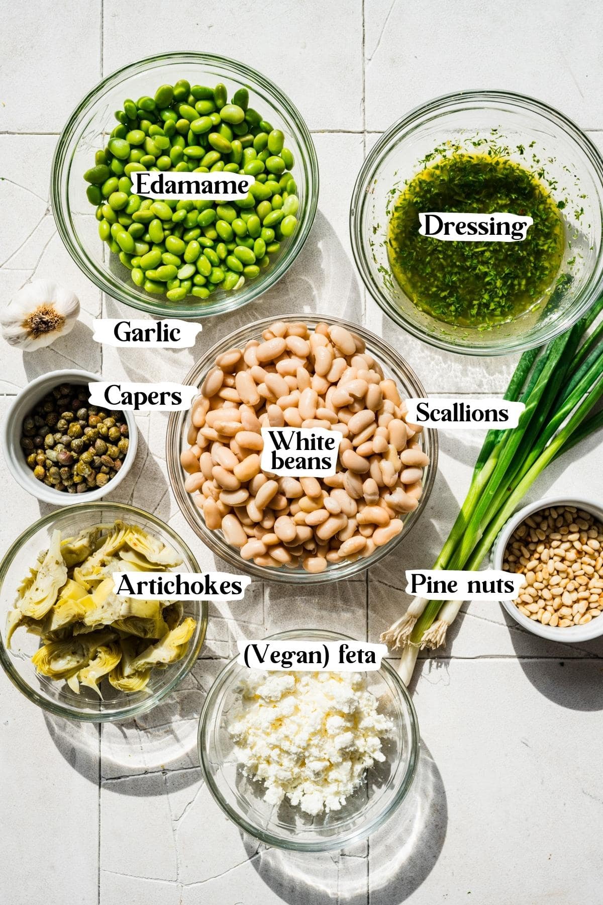 Overhead view of vegan white bean salad ingredients.