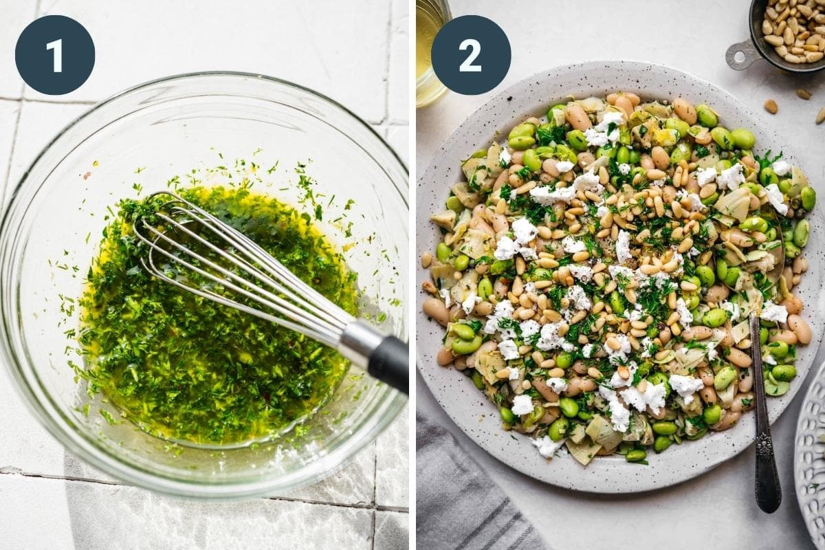 On the left: whisking together dressing ingredients. On the right: mixing dressing and other ingredients together.