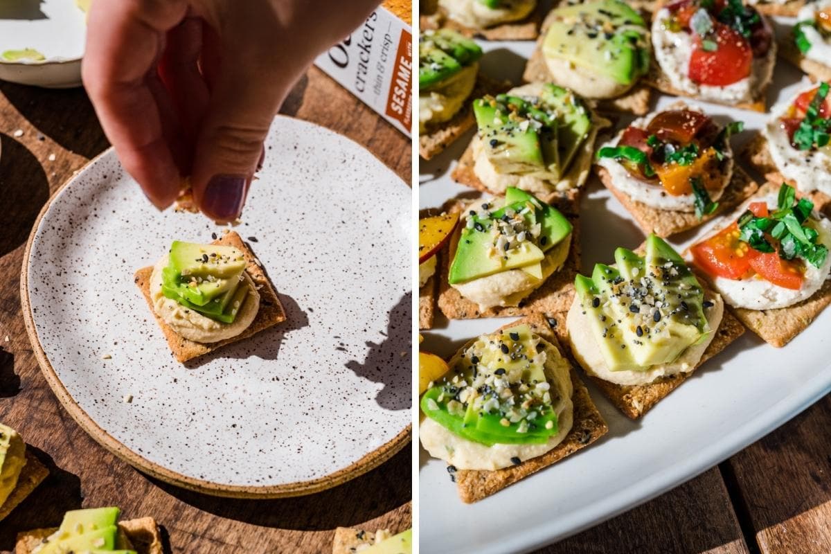 two photos of crackers topped with hummus, avocado and everything bagel seasoning.