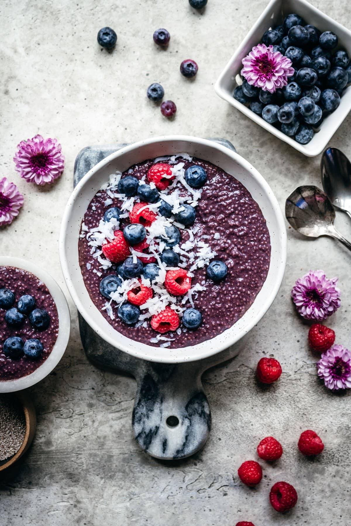 Overhead view of blueberry chia pudding in a bowl.