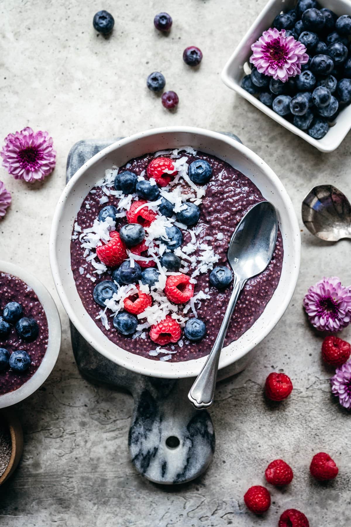 Overhead view of blueberry chia pudding with fruit and coconut on top.