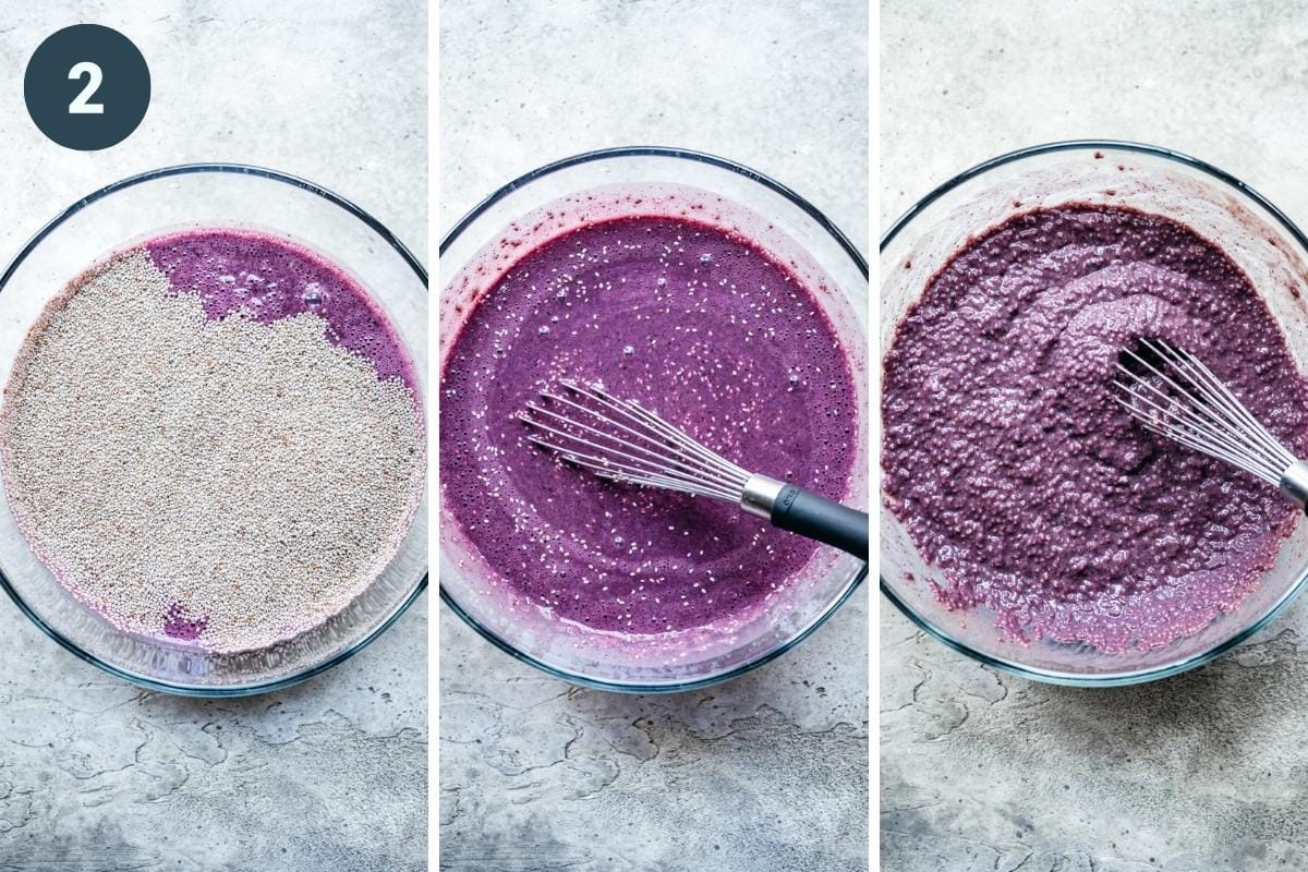 On the left: adding chia seeds to blended mixture. In the middle: chia seeds soaking. On the right: chia seeds after soaking.