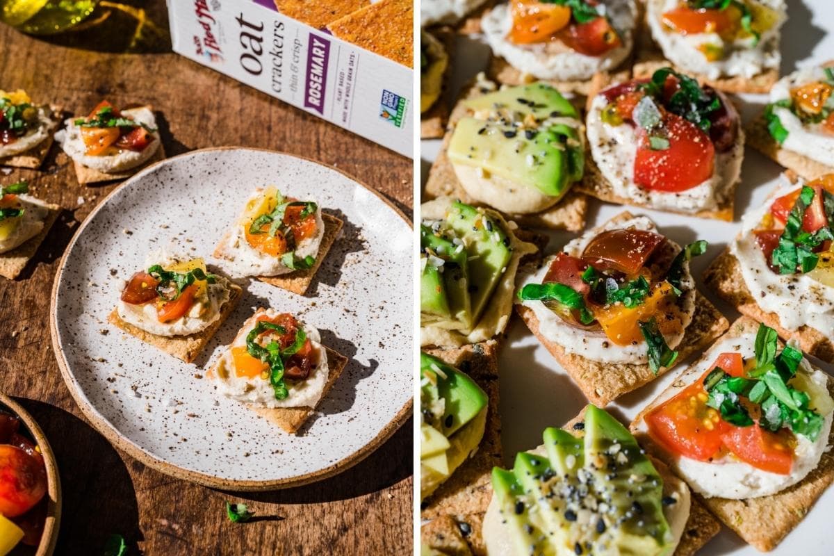 two photos of crackers topped with cream cheese, tomatoes and basil.