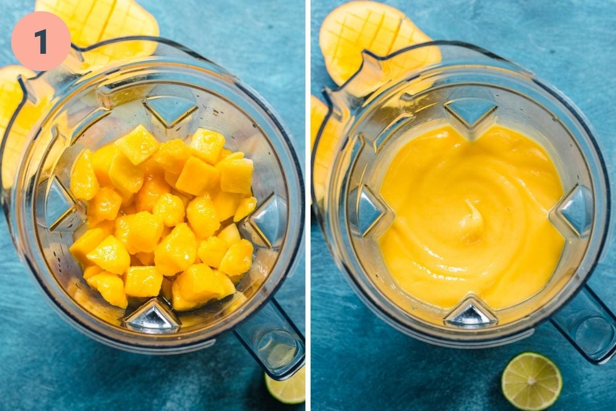 On the left: mangos in a blender before blending. On the right: mangos after blending.