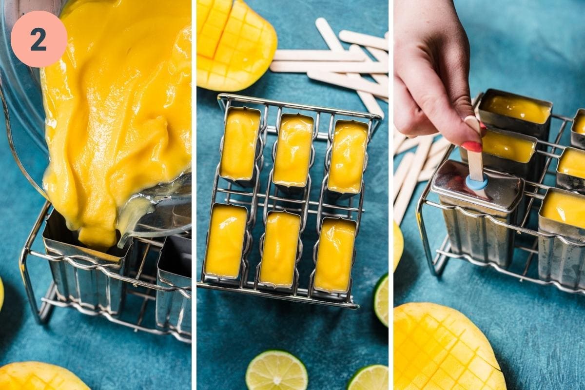 Pouring mangos into a mold, then placing the popsicle sticks in the molds.