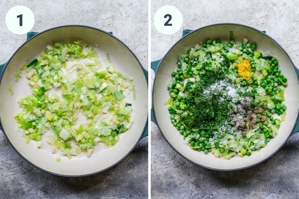 on the left: sauteed leeks and garlic. on the right: adding in peas, herbs and seasonings to pan.