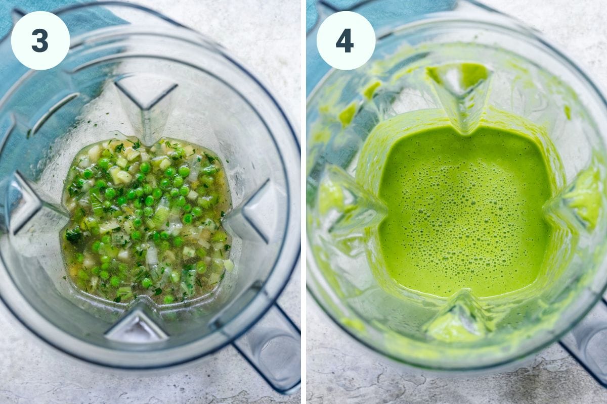 before and after blending pea sauce for pasta in blender. 