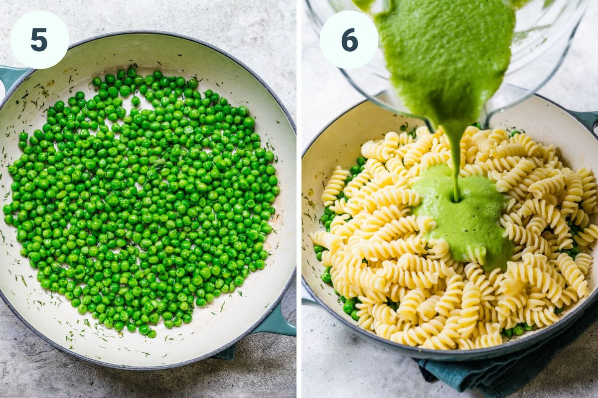 on the left: sautéed peas in pan. on the right: pouring pea sauce over pasta. 