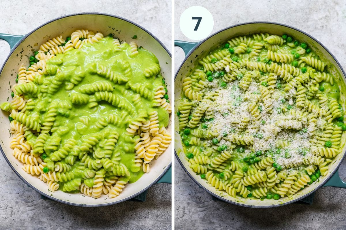 pea pasta in a pan with parmesan cheese on top.