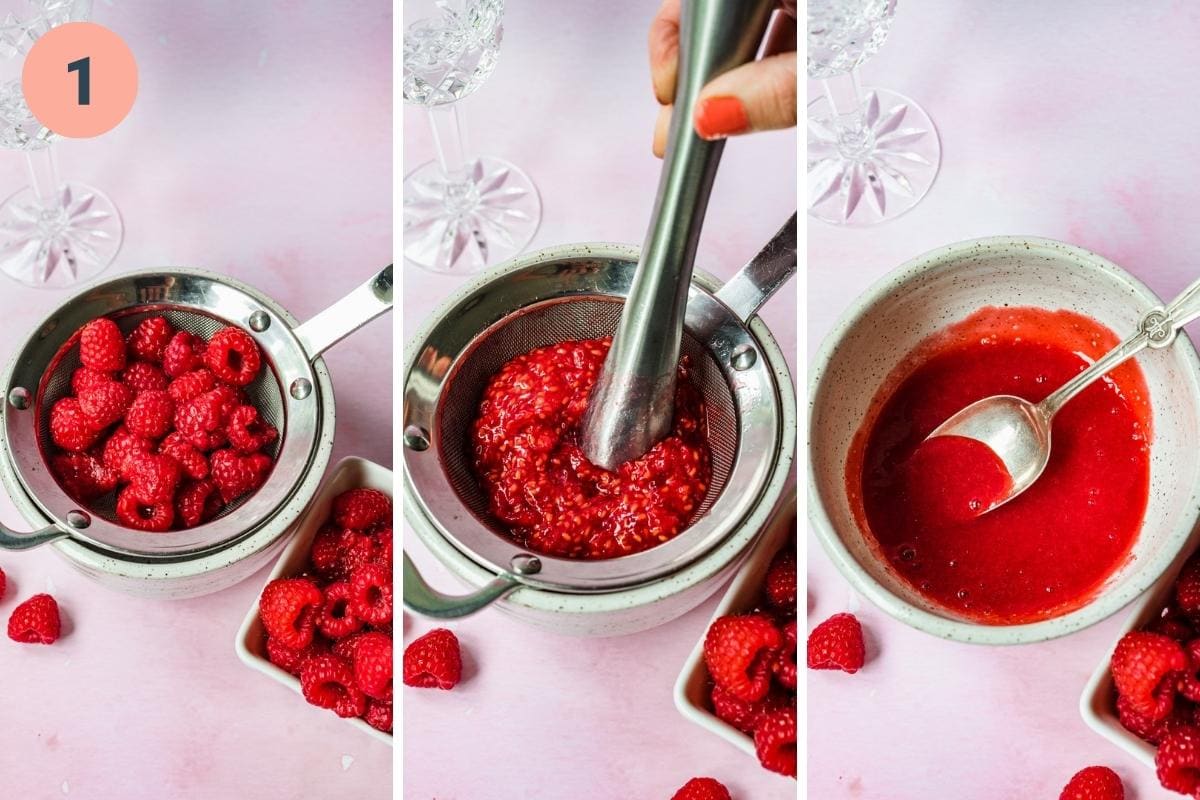 Step-by-step of raspberries being muddled into a syrup.