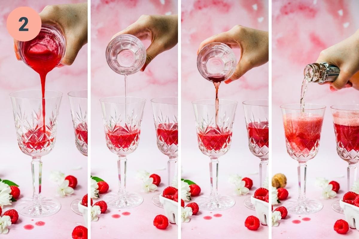 Step by step of syrup, simple syrup, chambord, and prosecco being poured into a glass.
