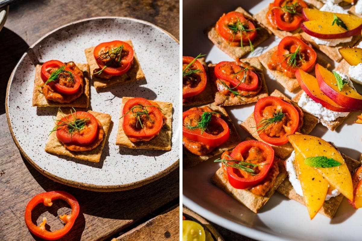 two photos of crackers topped with red pepper pesto, bell pepper and dill. 