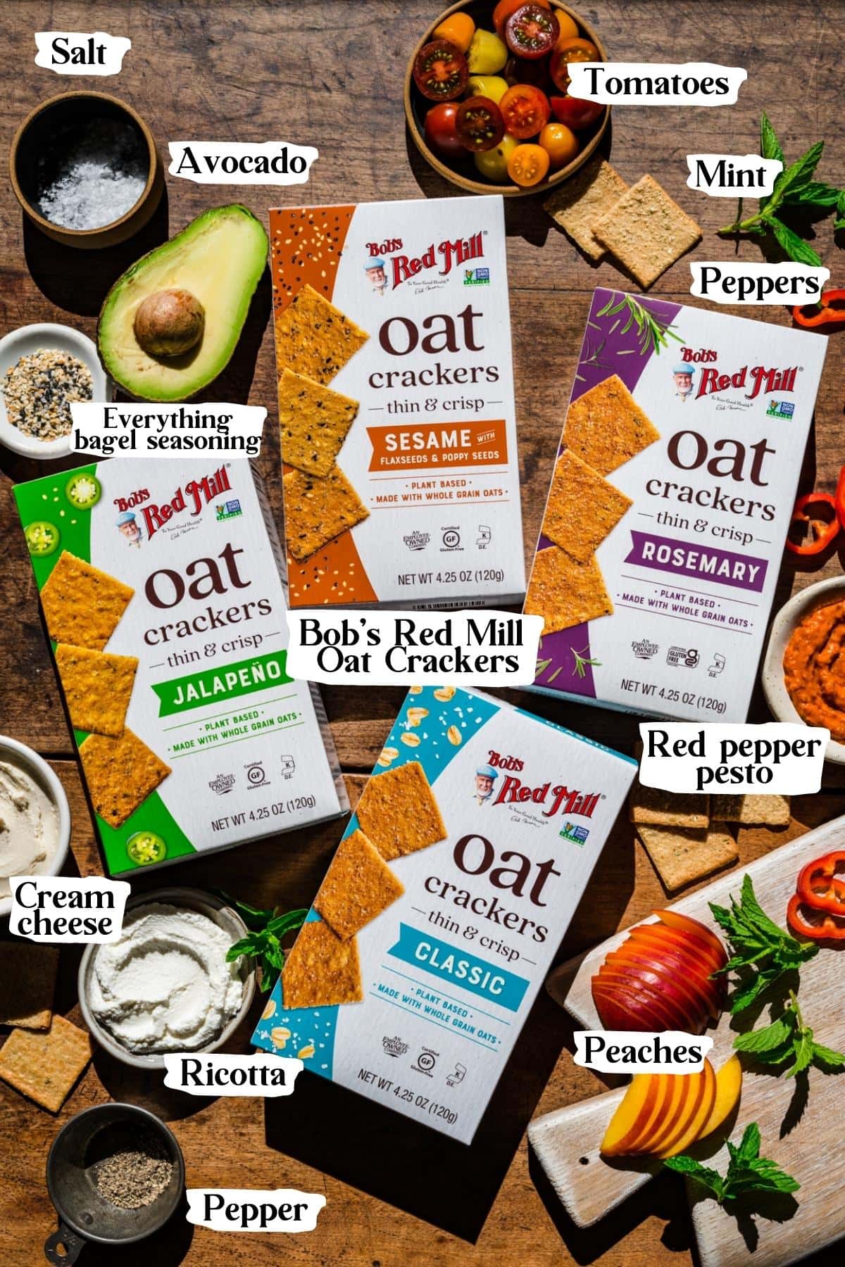 overhead view of bob's red mill oat crackers surrounded by ingredients.