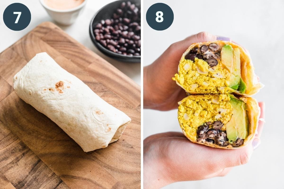 on the left: finished burrito on cutting board. on the right: vegan breakfast burrito sliced in half. 