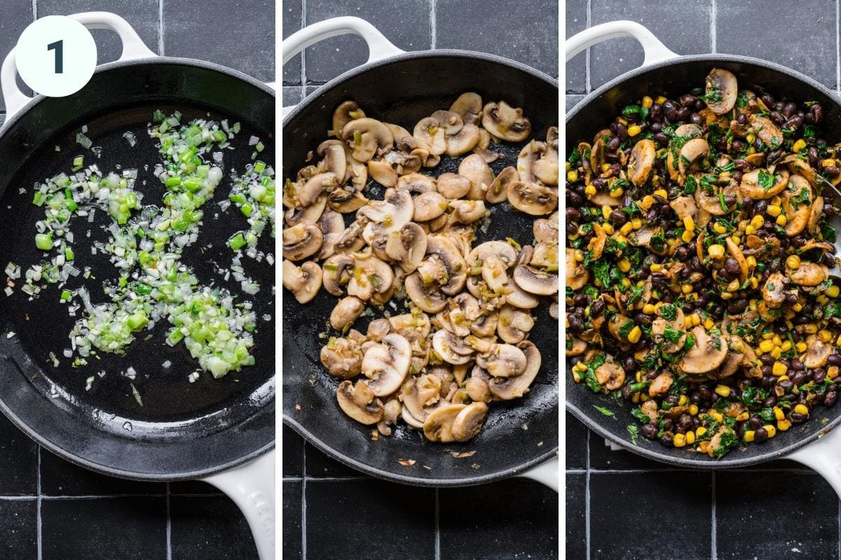 Cooking aromatics, then mushrooms, then corn and black beans.