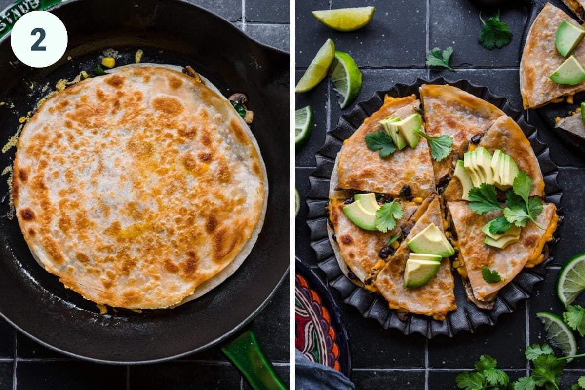 Putting filling between tortillas and cutting into slices.