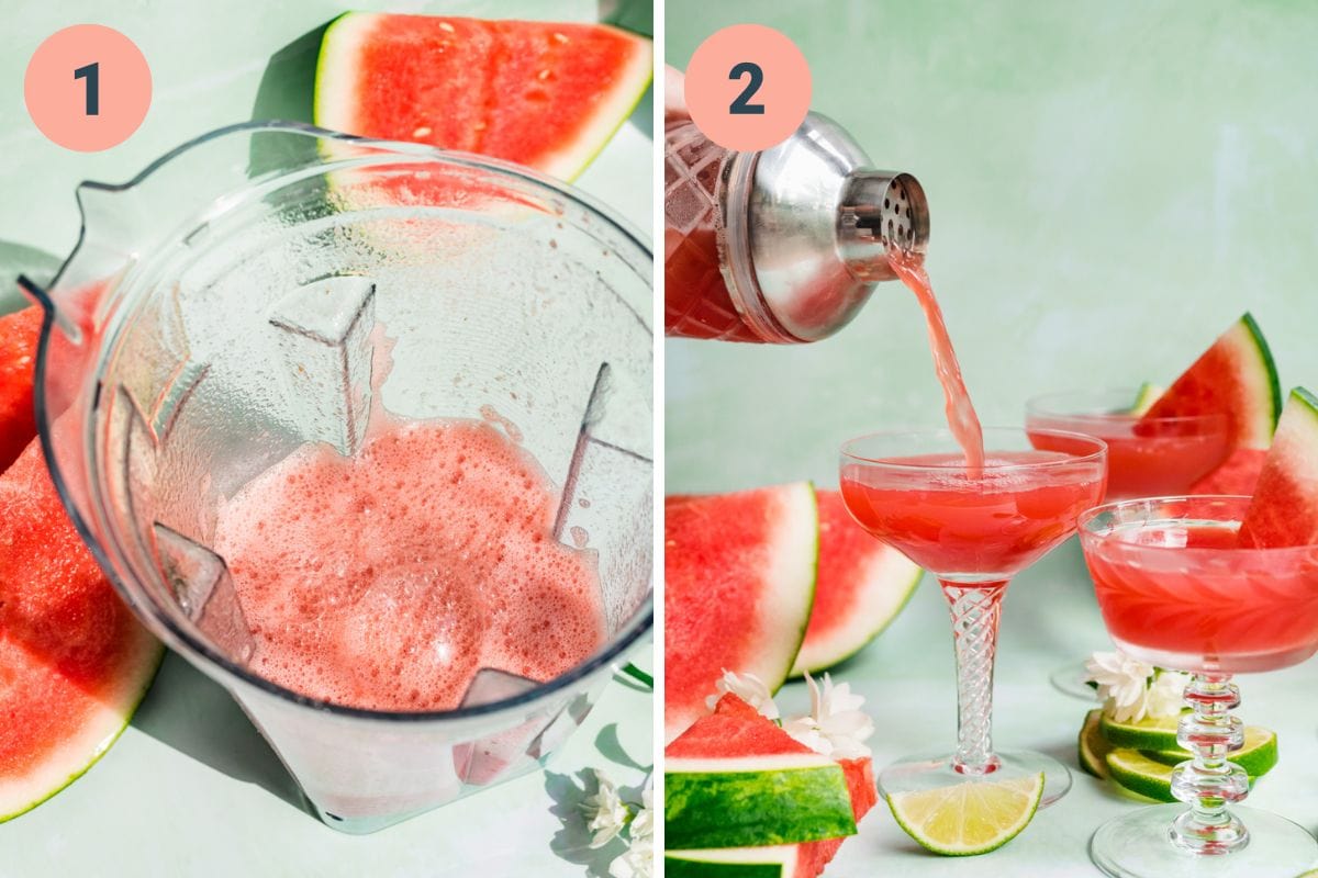 On left: watermelon juice in blender. On right: pouring watermelon martini into glass from shaker.