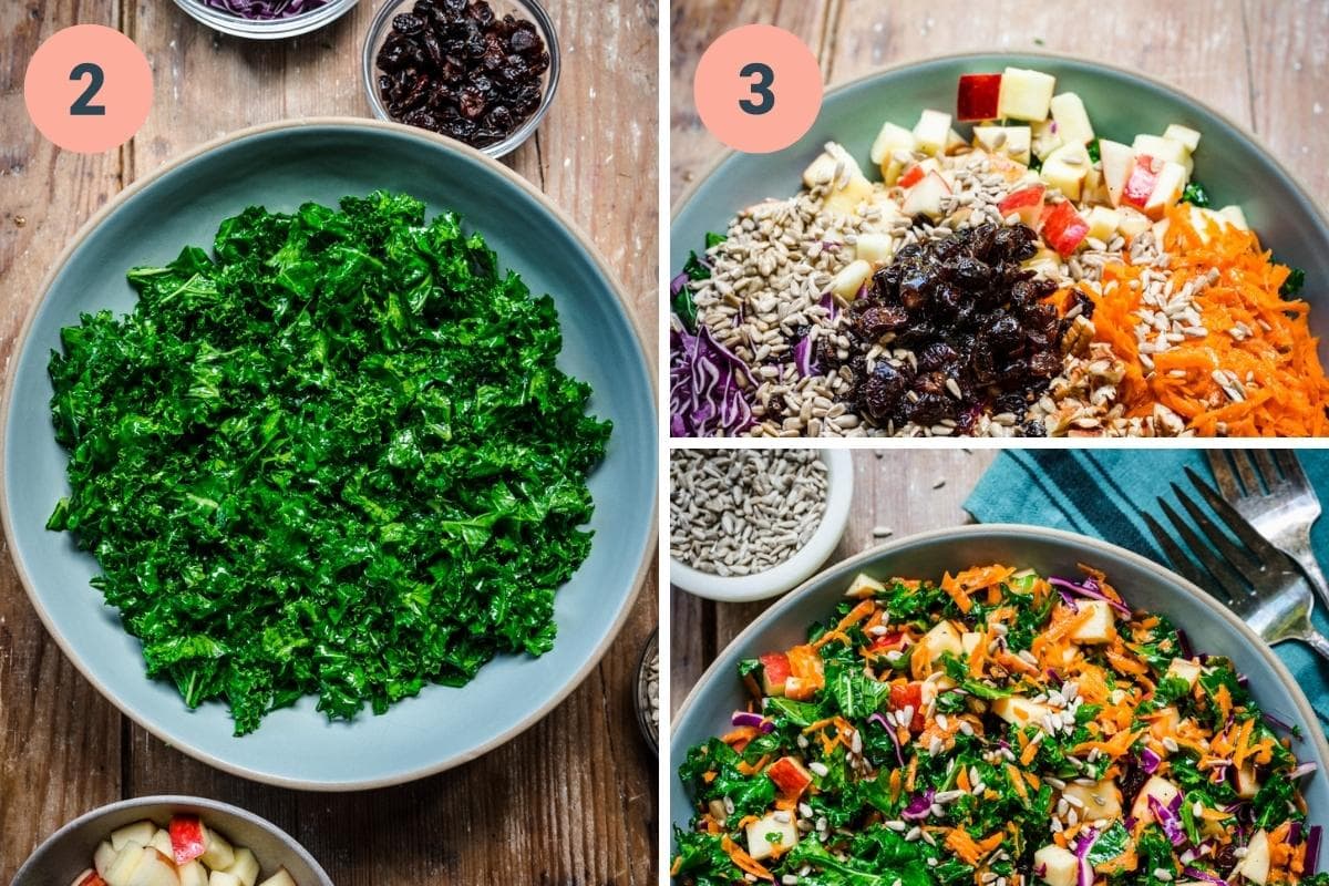 On the left: kale. On the right: mixing the rest of the salad components together.