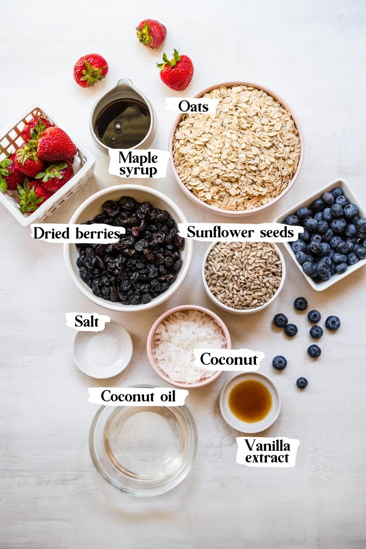 Overhead of the berry granola ingredients including dried berries, vanilla extract and sunflower seeds.