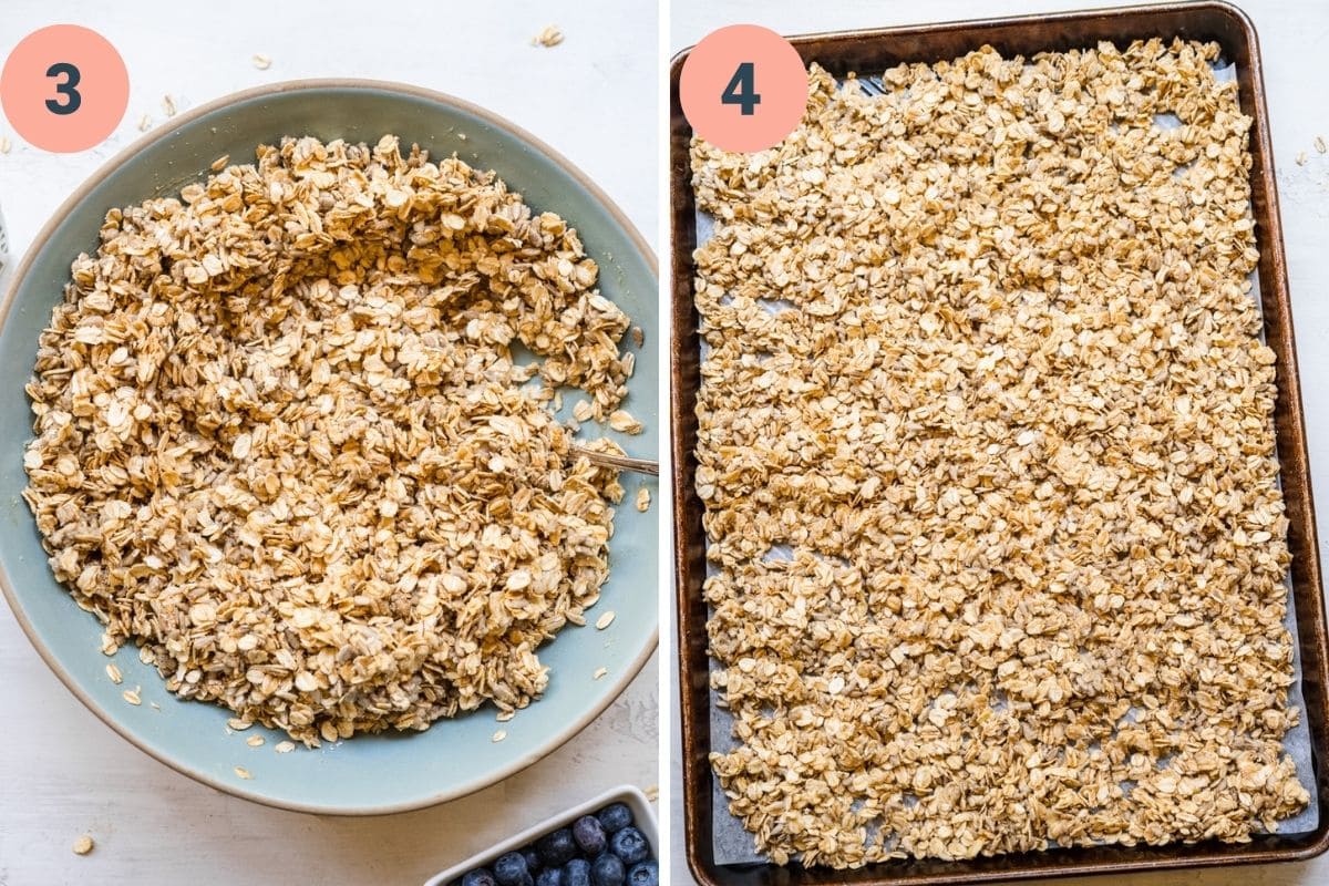 Left: wet mixture poured onto dry mixture in bowl.
Right: coated granola on a sheet pan spread out.