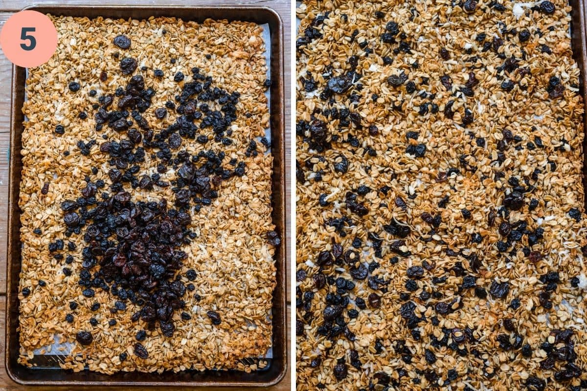 Granola with berries being added in on sheet pan.