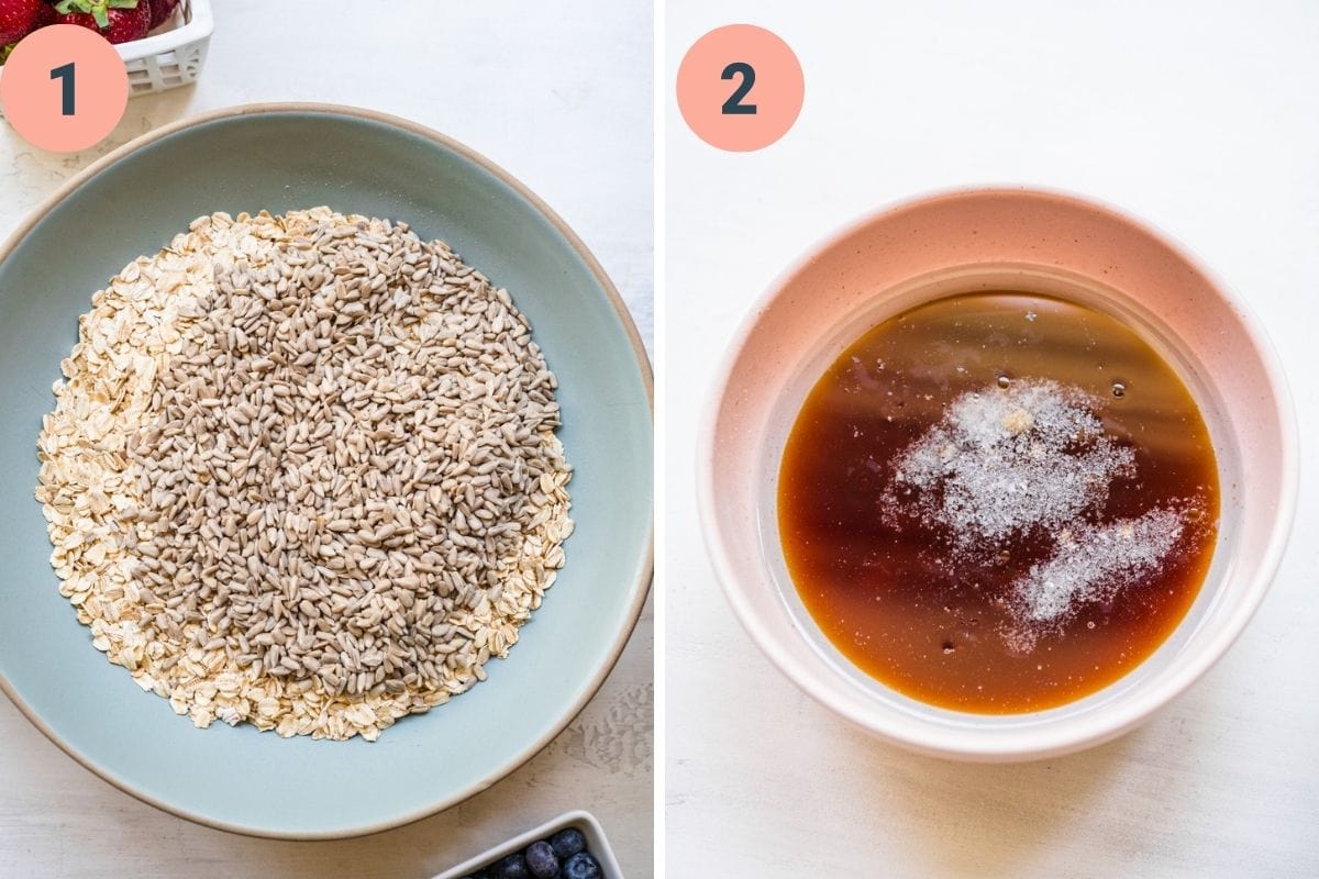Left: dry ingredients in a blue bowl.
Right: wet ingredients in a small pink bowl.