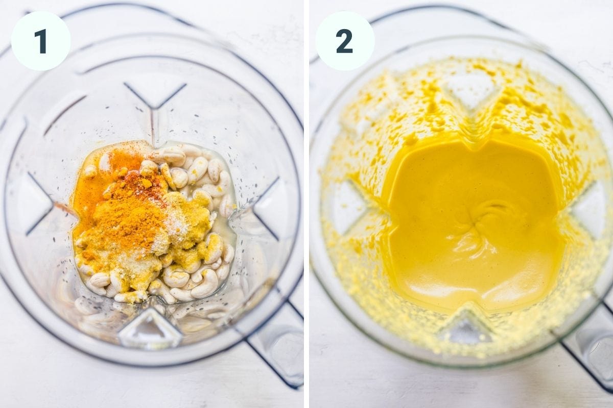 left: all of the ingredients added to the blender.
right: blended sauce in the blender.