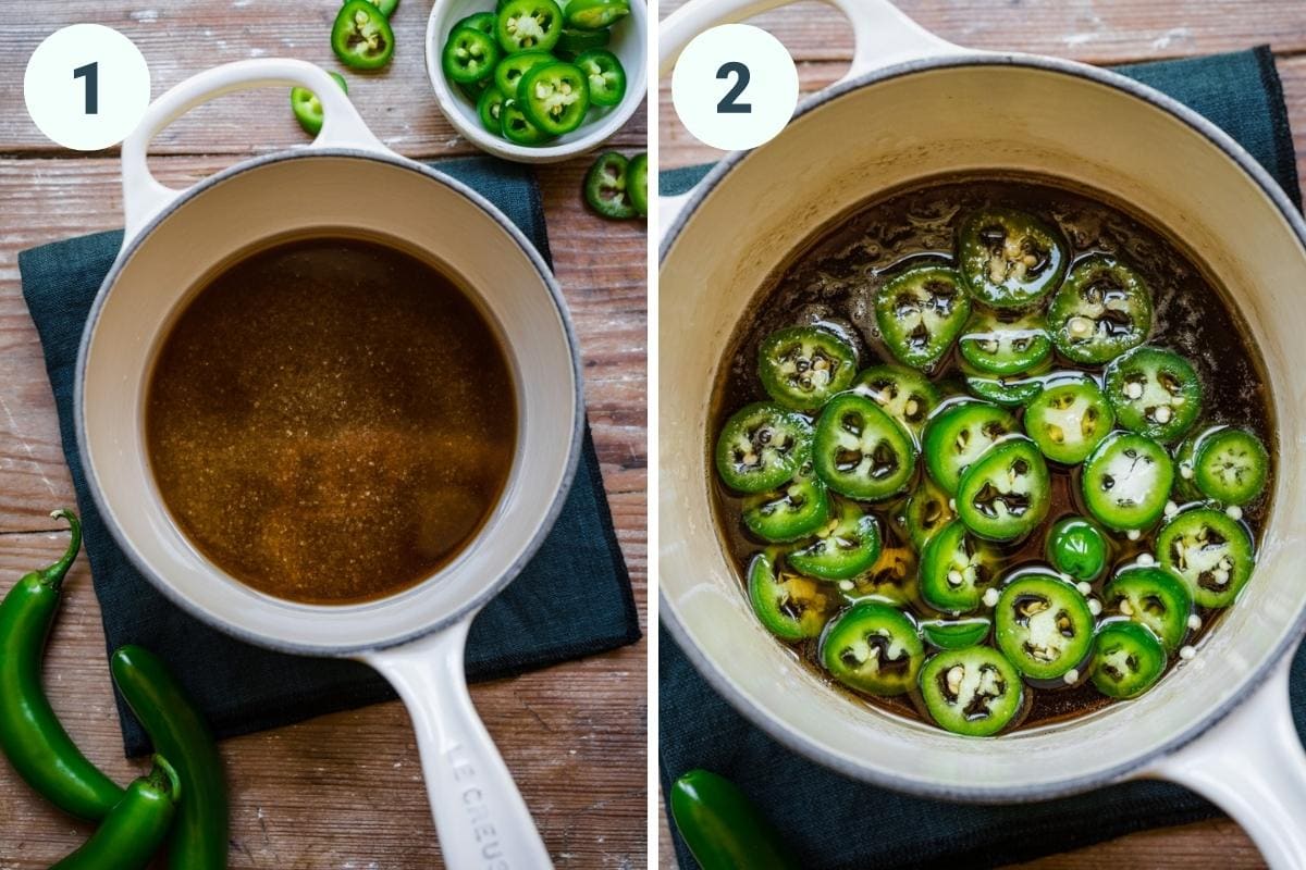 On the left: sugar and water after being combined. On the right: jalapenos added in.