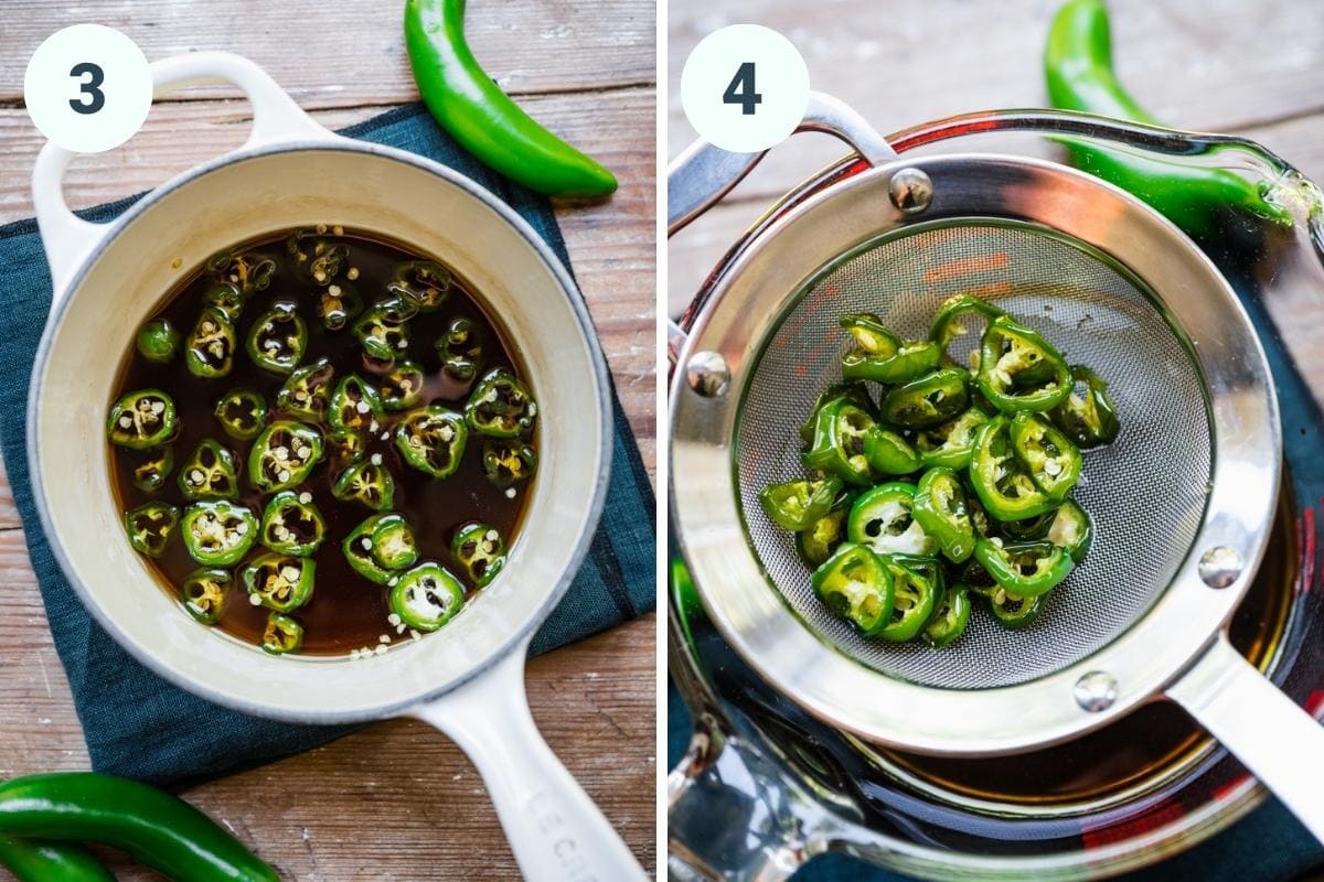 On the left: jalapenos sitting in the water and sugar mixture. On the right: straining out jalapenos.