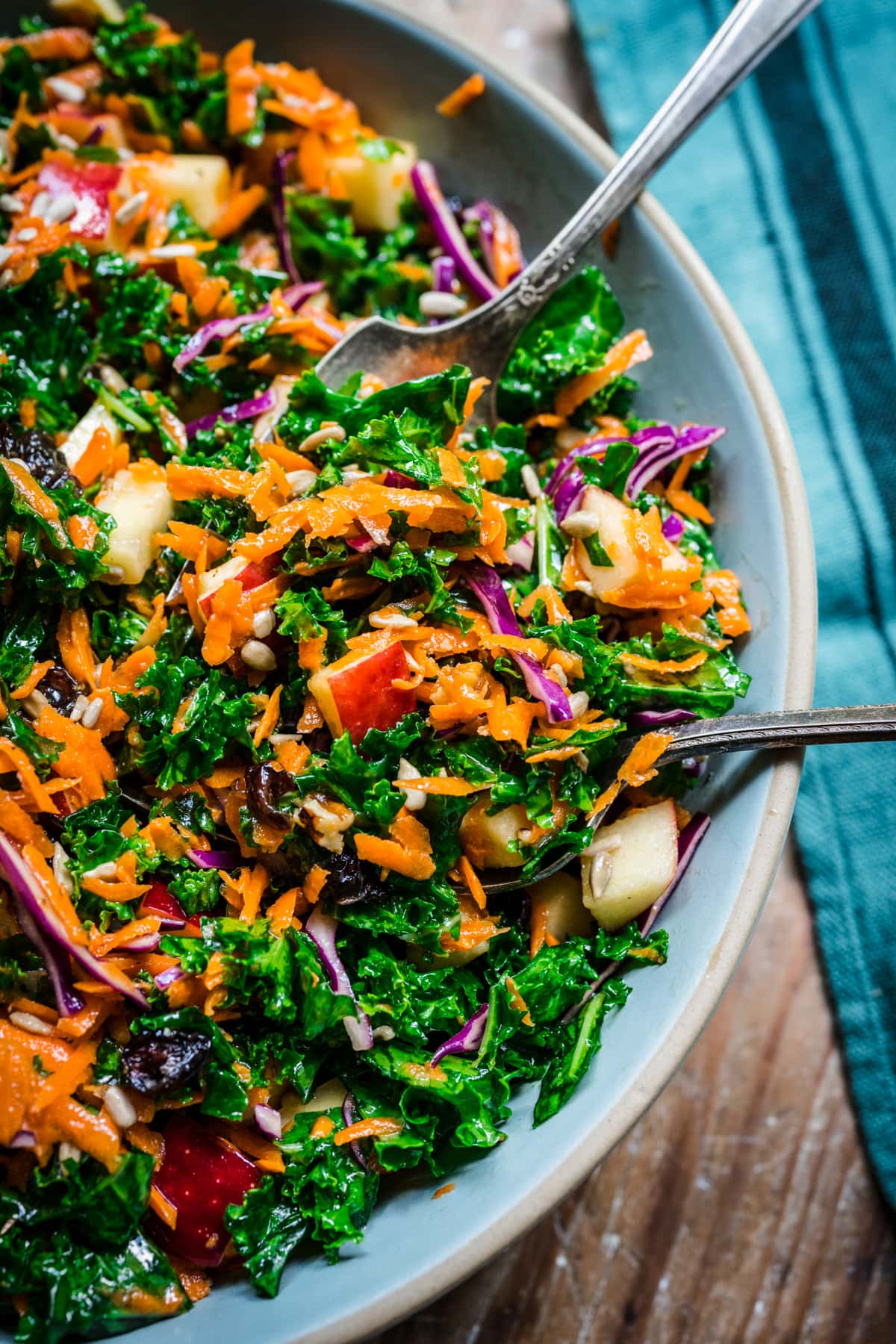 Overhead view of kale apple slaw in a bowl.