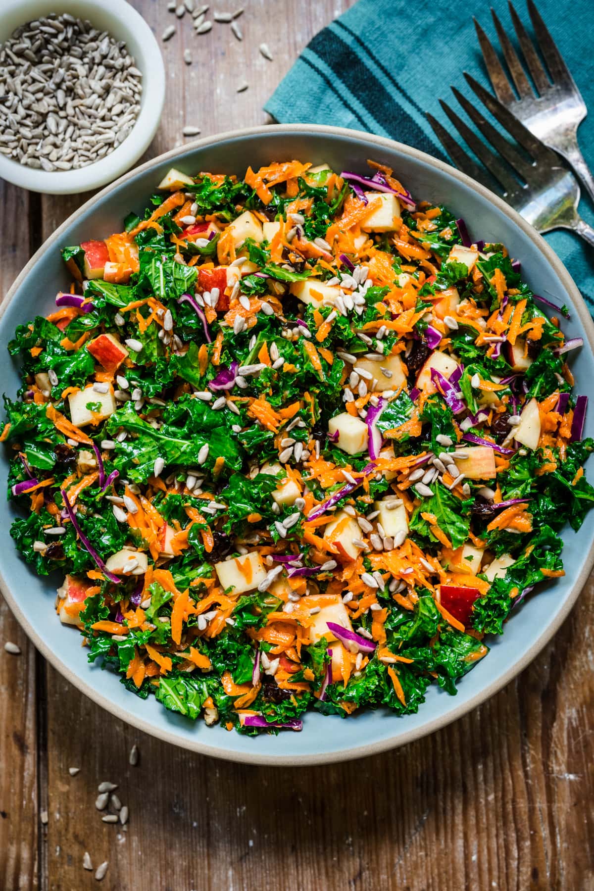 Overhead view of kale apple slaw.