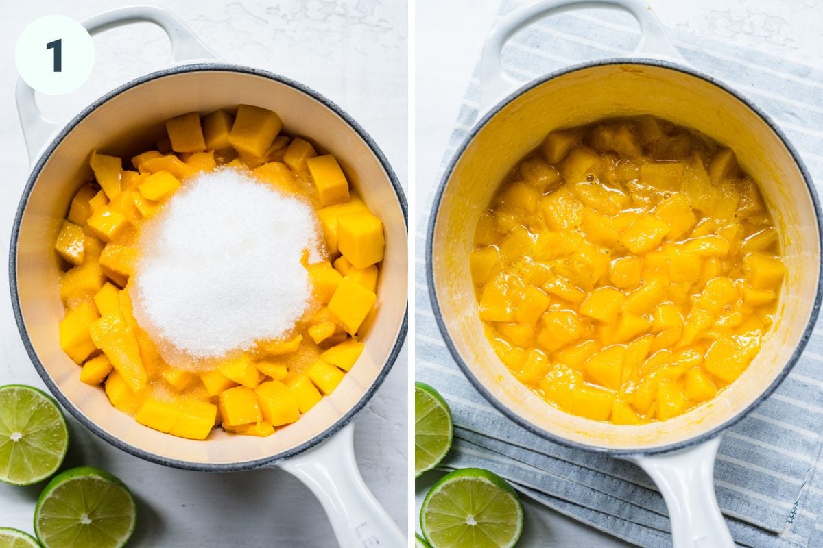 All of the mango jam ingredients in a saucepan.