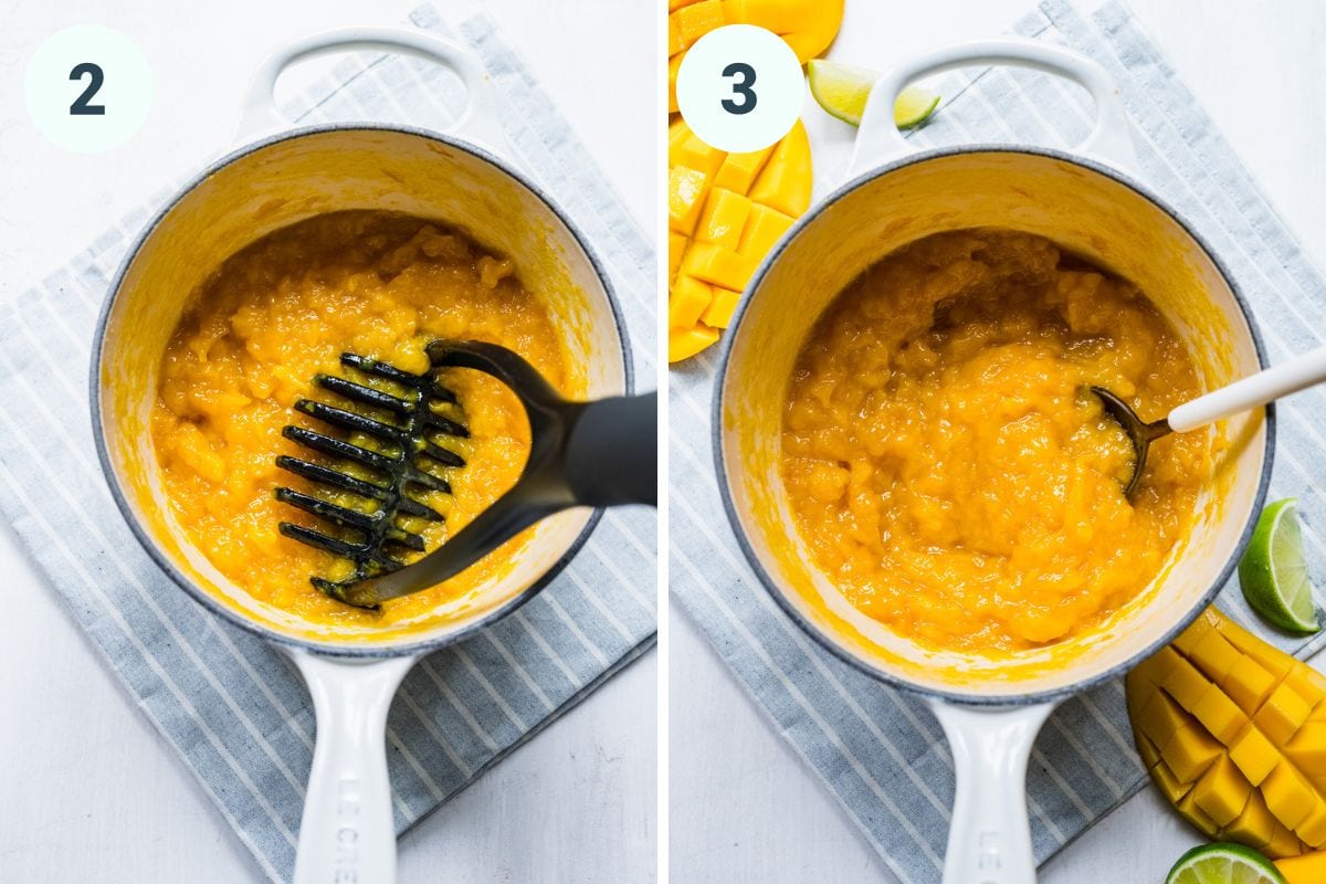 Left: mashing the mango jam. Right: mango jam in pan with spoon.