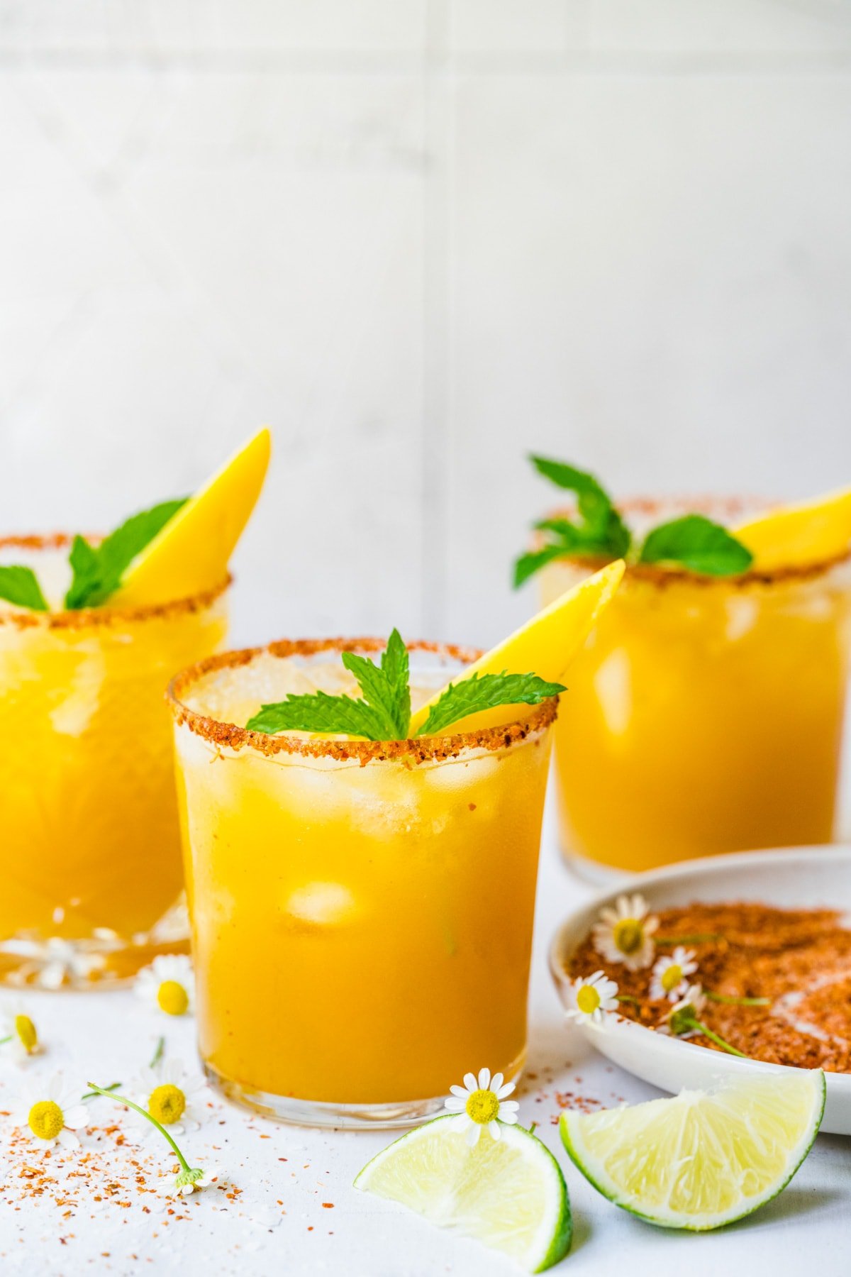 Finished mango margaritas with garnish.