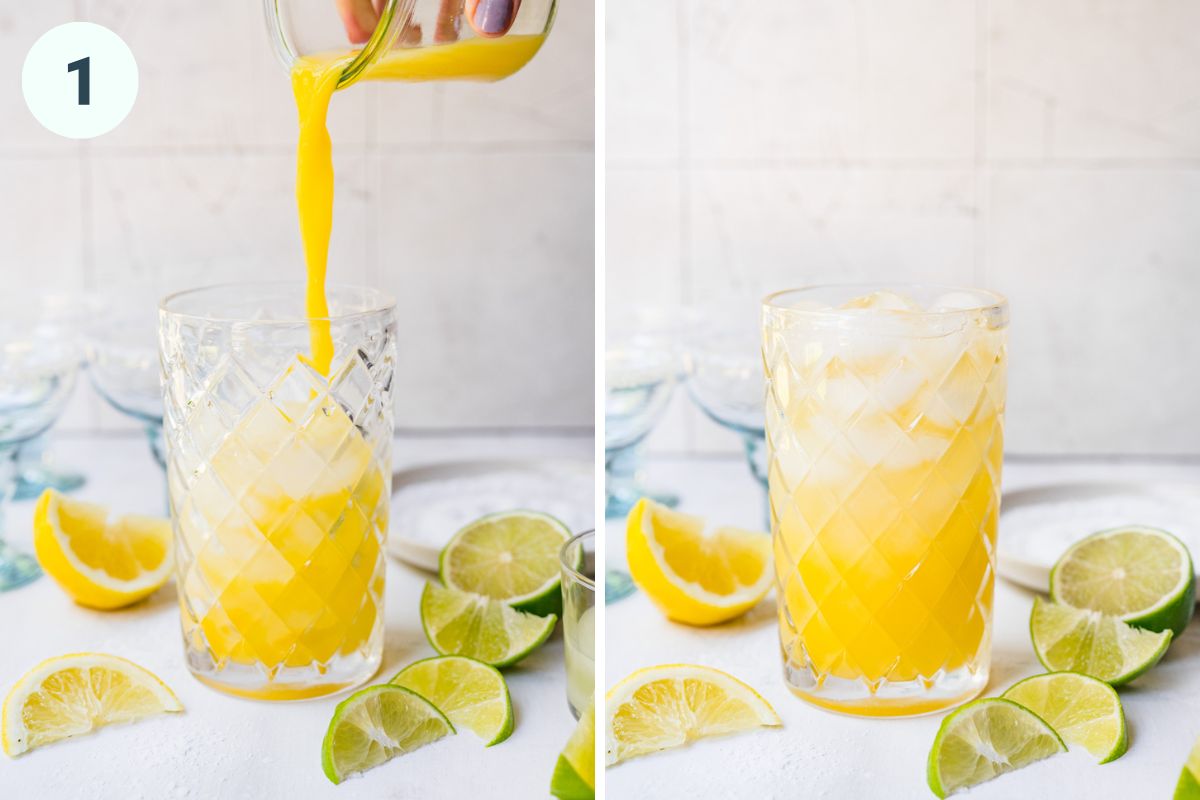 Pouring mocktail ingredients into a cocktail shaker.