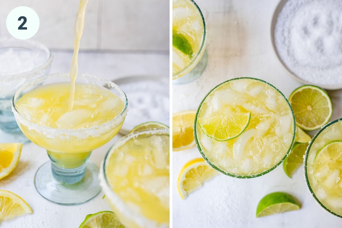 Pouring mocktail into glasses with rim.