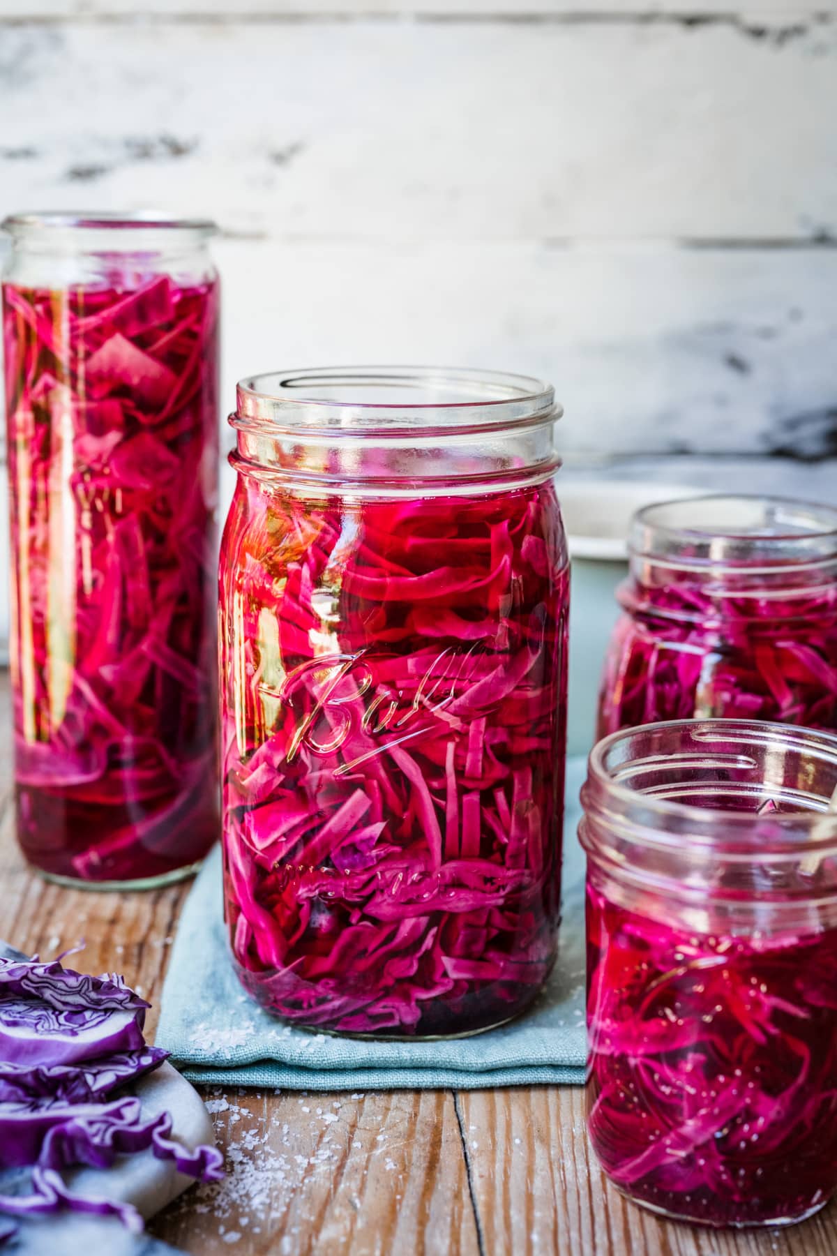 Front view of finished pickled red cabbage in jars.