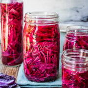 Close up of finished pickled red cabbage in jars.