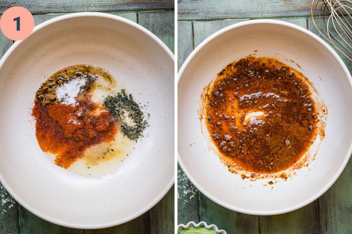 Step 1: mixing spices and olive oil in a bowl.