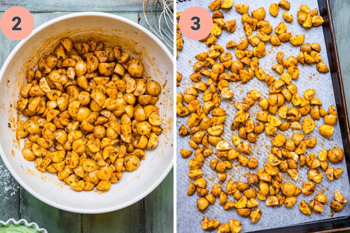 Left: potatoes coated in the seasonings.
Right: coated potatoes on parchment paper in pan.