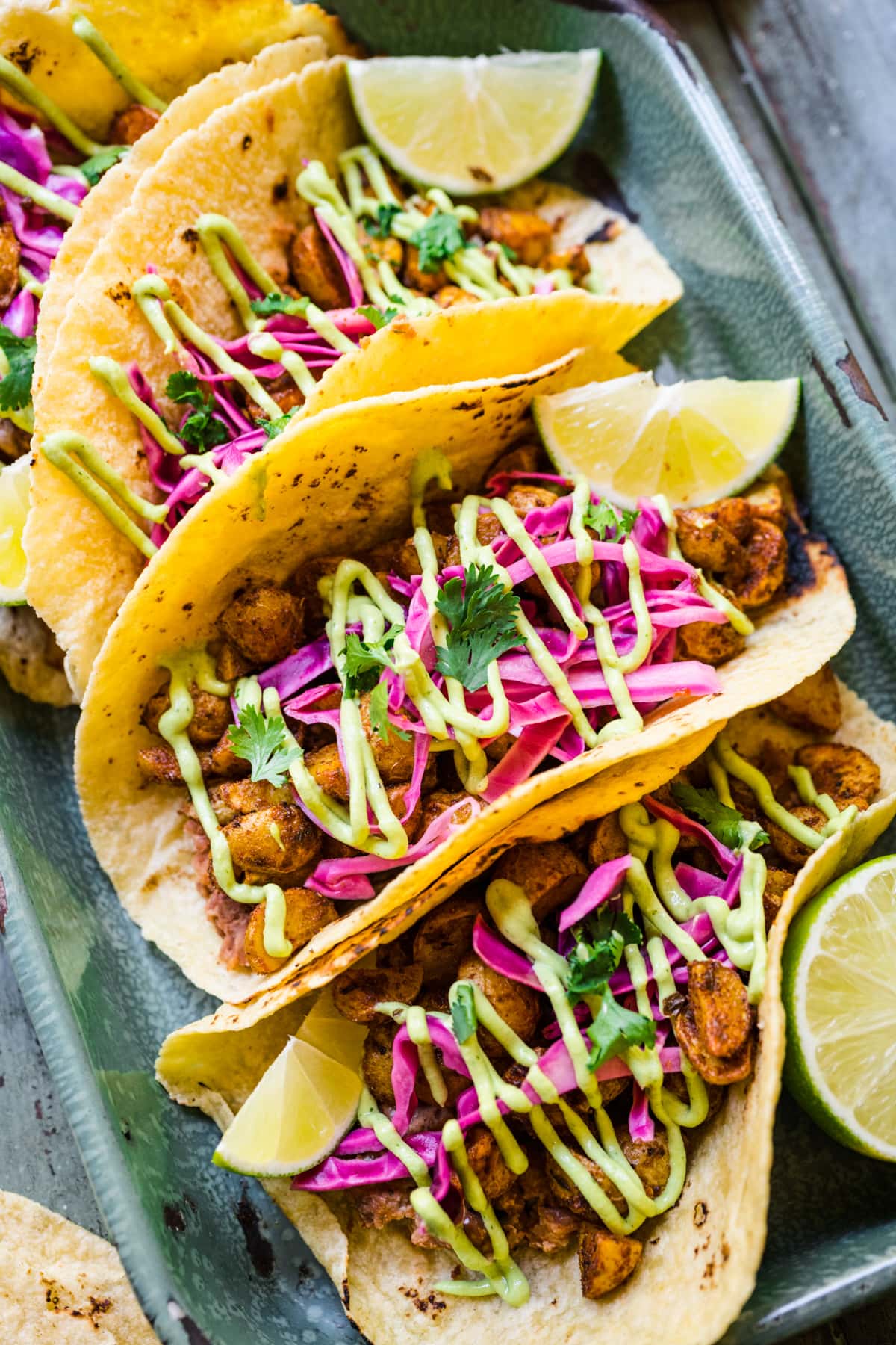 Close up view of the finished potato tacos.