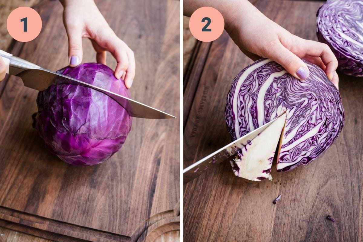 Slicing cabbage in half and removing the core.